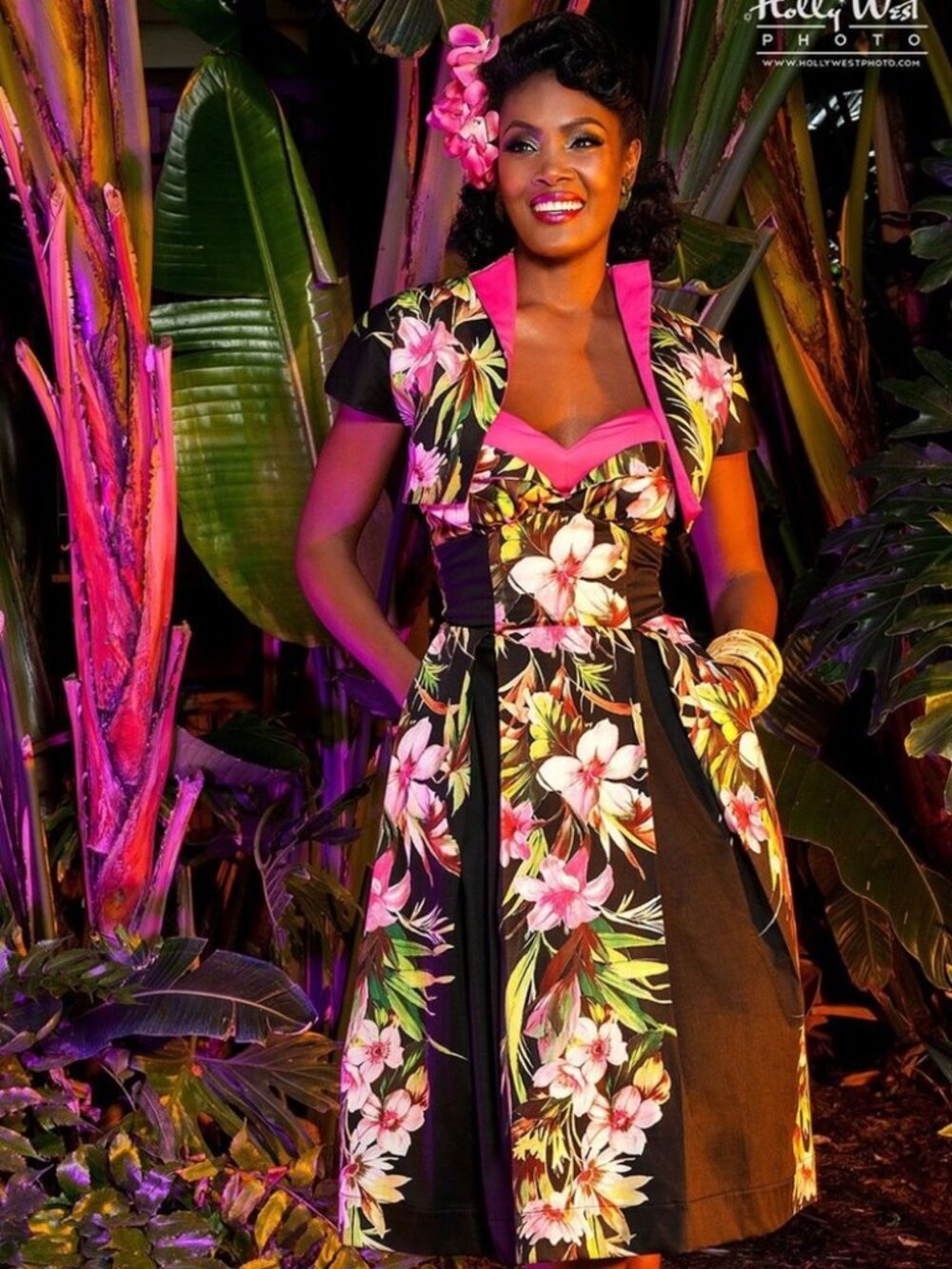 Pele dress in Black and Pink Hawaiian Floral with Matching Bolero XL